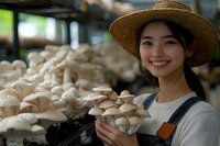 Young Asian female farmer in straw hat and overalls holding fresh organic mushrooms at indoor cultivation farm, showcasing sustainable agriculture and local food production.
