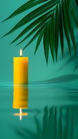 Yellow burning candle with reflection on glossy surface under palm leaves against turquoise background. Minimalist spa and wellness concept.