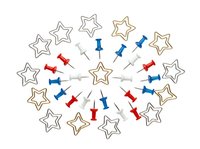 Isolated star outline icons and colorful pushpins arranged in circular pattern on white background, ready for design projects, presentations, web graphics, and educational materials.