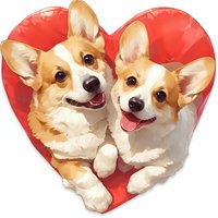 Two happy Pembroke Welsh Corgi dogs with smiling expressions in red heart shape frame, isolated design element for Valentine's Day cards and romantic designs.