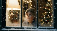 Young child in knit hat gazing through snowy window at warm Christmas lights and decorated tree inside cozy home during winter evening snowfall.