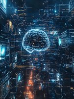 Glowing digital brain surrounded by futuristic city network connections and data streams in dark blue technological environment with orange light accents.