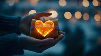 Glowing orange heart-shaped light held in hands against blurred bokeh background, creating magical romantic atmosphere for Valentine's day and love concepts.