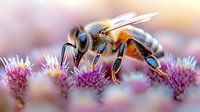 Detailed macro photography of honey bee collecting nectar from pink wildflowers, showing intricate wing patterns and body segments in warm natural lighting.