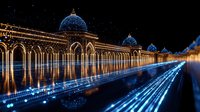 Illuminated oriental palace with glowing arches and domed architecture reflected in water at night, creating magical light trails and mirror effect in dark blue tones.