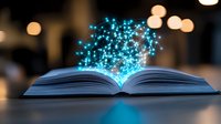 Open book with magical glowing blue light particles rising from pages against dark background with soft bokeh lights, creating mystical reading atmosphere.