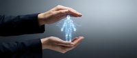 Two hands holding glowing digital human figure hologram. Concept for healthcare, technology, innovation, medical services, digital transformation, and business solutions.