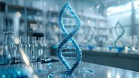 Blue digital DNA helix model in modern laboratory with scientific glassware and equipment in background for genetic research.