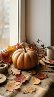 Cozy autumn still life with orange pumpkin, fallen maple leaves, coffee cup and candles on rustic burlap by window for seasonal home decor and harvest celebration.