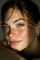 Young Caucasian woman with freckles and wet hair in natural sunlight creating warm golden hour portrait with authentic beauty and glowing skin.