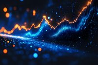 Digital financial graph with glowing orange and blue lines showing market trends against dark background with bokeh light effects.