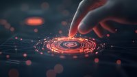 Futuristic finger touch creating glowing red circular interface with digital connections and light effects on dark background. Technology concept for business innovation.