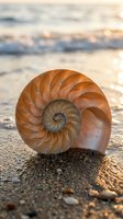 Nautilus shell on sandy beach at sunset with golden light and ocean waves creating natural spiral pattern for marine biology and coastal themes.