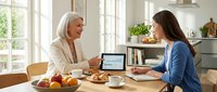 Senior Caucasian woman and young brunette woman having friendly conversation at kitchen table with laptop, coffee and fresh fruit in bright modern home.