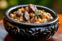 Traditional hearty bean soup with smoked sausage and vegetables served in rustic ceramic bowl, close up view of homemade comfort food with rich broth.
