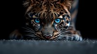 Close up portrait of wild leopard with intense bright blue eyes against dark background, dramatic lighting highlights facial features and spotted fur pattern.