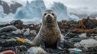 Spotted seal among plastic waste and debris on rocky beach with blue glaciers in background, highlighting environmental pollution impact on marine wildlife.