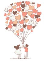 Romantic couple holding heart-shaped balloons in coral, brown and white colors. Simple line art illustration of love story on white background.
