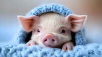 Adorable pink piglet wrapped in soft blue knitted blanket, peeking with curious expression. Close-up portrait showing detailed texture of fur and fabric. Suitable for greeting cards.