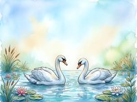 Two white swans face each other on a tranquil pond surrounded by water lilies and aquatic plants in soft watercolor style, suitable for nursery decor, greeting cards, and wildlife illustrations.