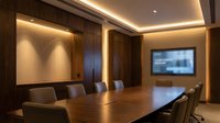 Modern corporate boardroom with wooden conference table and leather chairs featuring ambient LED lighting and wall-mounted display screen for meetings.