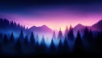 Mystical mountain landscape at dawn with silhouettes of pine trees in foggy forest and purple sky, creating dreamy atmospheric scenery.