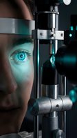 Close-up of patient with bright blue eyes undergoing optical examination with advanced diagnostic equipment. Medical professional performing vision assessment using modern ophthalmology technology.