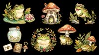 Cute frog clipart set with mushroom house, floral wreath, and nature elements, isolated on transparent background. Great for stickers, t-shirt design, and print on demand.