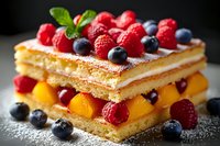 Layered puff pastry dessert with fresh raspberries, blueberries, orange segments and powdered sugar garnish on dark background, macro food photography.