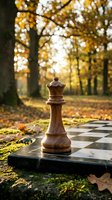 Wooden chess queen piece on outdoor chessboard in autumn park with golden sunlight and fallen leaves creating strategic game atmosphere.