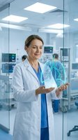 Female doctor examining holographic lung projection in modern medical facility for respiratory health diagnosis and treatment planning.