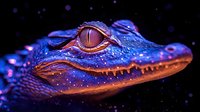 Close up portrait of young alligator head with glowing orange eye and blue scales illuminated by neon lights against dark background, creating mystical atmosphere.