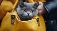 Gray British Shorthair cat with bright orange eyes peeking out from yellow leather handbag while owner in black jacket holds bag.