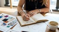 Young blonde woman designer writing in notebook with color palette samples and coffee cup on desk for creative planning projects.