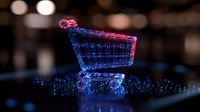 Glowing wireframe shopping cart in neon blue and pink colors on dark background with bokeh lights, digital retail concept for e-commerce and online shopping.