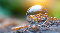 Red ants walking near crystal ball on soil surface with blurred natural background, macro photography showing reflection and refraction through glass sphere.