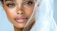 Young African American woman with flawless glowing skin, natural makeup, and luminous expression against light blue background with flowing white fabric.