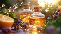 Glass bottle with aromatic oil and fresh lavender flowers in magical garden setting at sunset, glowing bokeh lights create dreamy atmosphere for spa and wellness.