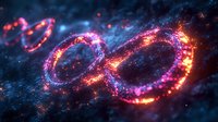 Glowing infinity symbol with magical sparkles and light trails against dark background creates mystical cosmic atmosphere. Suitable for spiritual and scientific concepts.