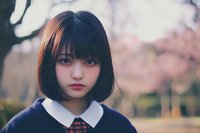 Young Asian woman with short bob hairstyle and bangs wearing school uniform with white collar and plaid tie against blurred pink cherry blossom background in spring.