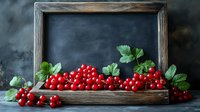Fresh red currant berries with green leaves arranged on rustic wooden frame against dark background, raw seasonal fruit composition for food design.