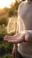 Glowing lung anatomy floating above open palm at sunset representing respiratory health, breathing wellness and pulmonary care in natural outdoor setting.