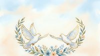 Two white doves in flight carrying olive branches, forming a symmetrical wreath with blue and orange flowers. Watercolor style illustration on isolated white background, suitable for peace, wedding, and greeting card designs.