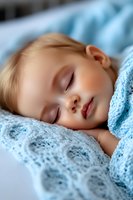 Peaceful sleeping toddler wrapped in soft blue knitted blanket, close-up portrait showing gentle expression and natural light, suitable for parenting articles.