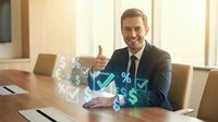 Confident businessman giving thumbs up with digital financial icons and checkmarks overlay in modern office boardroom for success concepts.