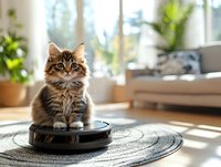 Adorable tabby kitten sitting on robotic vacuum cleaner in bright modern living room with plants and natural sunlight streaming through windows.