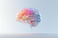 Translucent anatomical brain model with colorful gradient from orange to pink and blue, glowing on light background showing neural activity and consciousness.