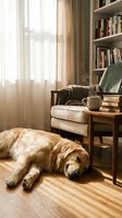Cozy reading nook with golden retriever dog sleeping on wooden floor near armchair, coffee mug and books. Warm sunlight streaming through window creates peaceful atmosphere.