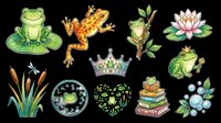 Frogs and lily pads collection isolated on transparent background. Includes cute amphibians, water plants, crown, books, and decorative elements. Ready for t-shirt design, clipart, stickers, sublimation, and print-on-demand projects.