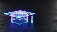 Digital graduation cap with glowing neon lights and particle effects on dark background for education technology and academic achievement concepts.